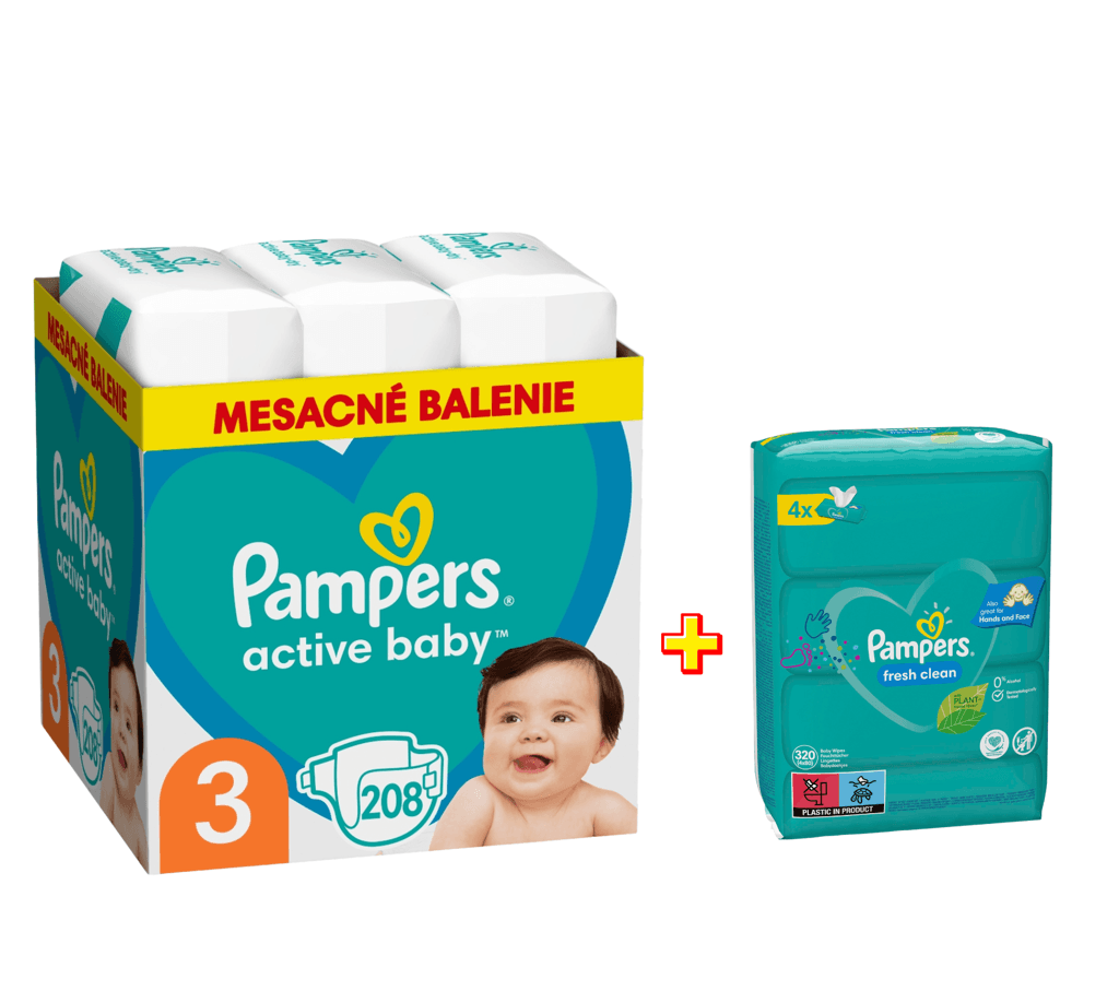 Pampers Active Baby (veľ. 3, 4, 5, 6) + vlhčené obrúsky Fresh Clean (320ks)