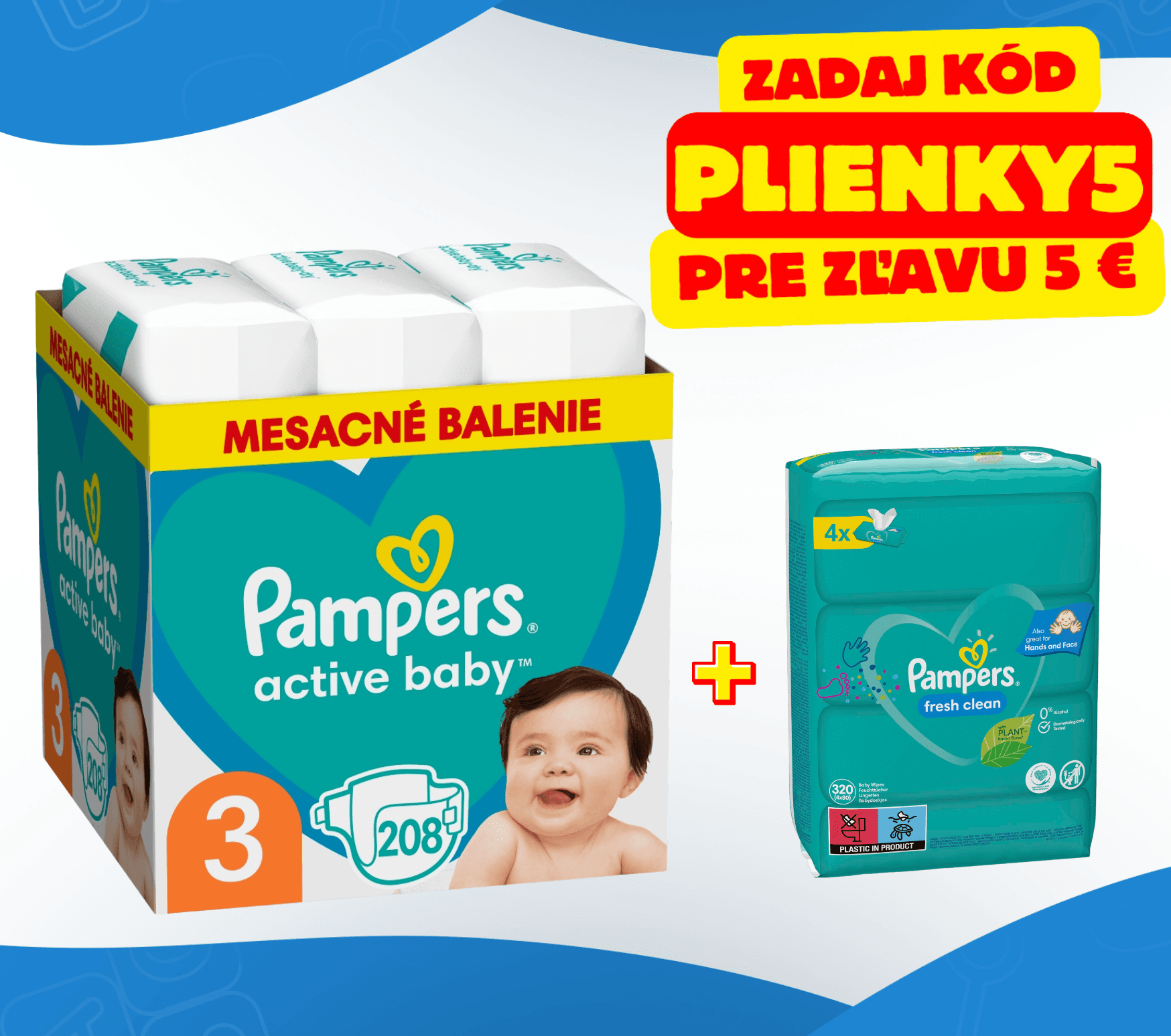 Pampers Active Baby (veľ. 3, 4, 5, 6) + vlhčené obrúsky Fresh Clean (320ks)
