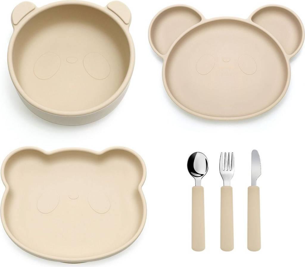 Jedálenský silikónový set Panda - deliaci tanier, tanier, miska, príbor